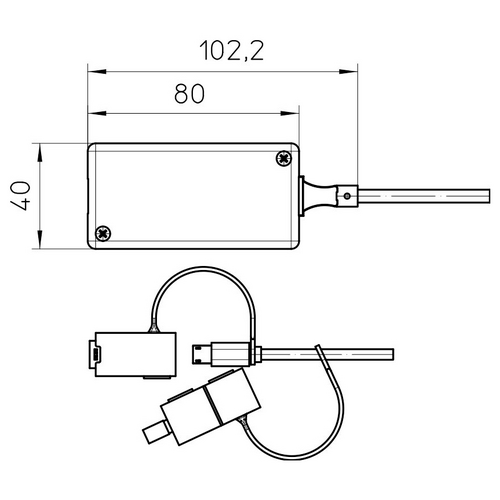 Diagramm eines rechteckigen Geräts mit Abmessungen: 102,2 mm x 40 mm. Es enthält ein Kabel mit Anschlüssen in einer Seitenansicht.